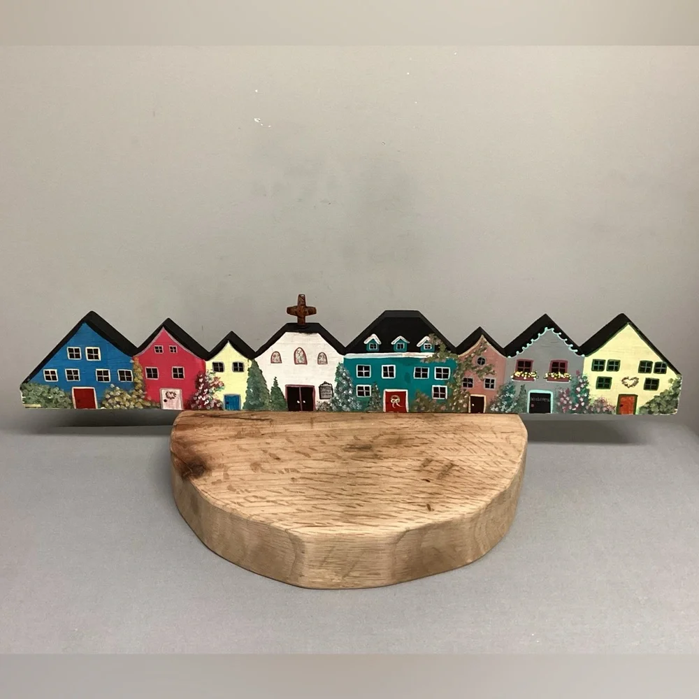 🔵 Beautiful Hand Painted Row of Homes & Church - Solid Wood - Very Unique Decor - Picture 2 of 15